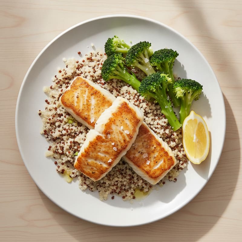 Seared Cod with Steamed Broccoli and Quinoa