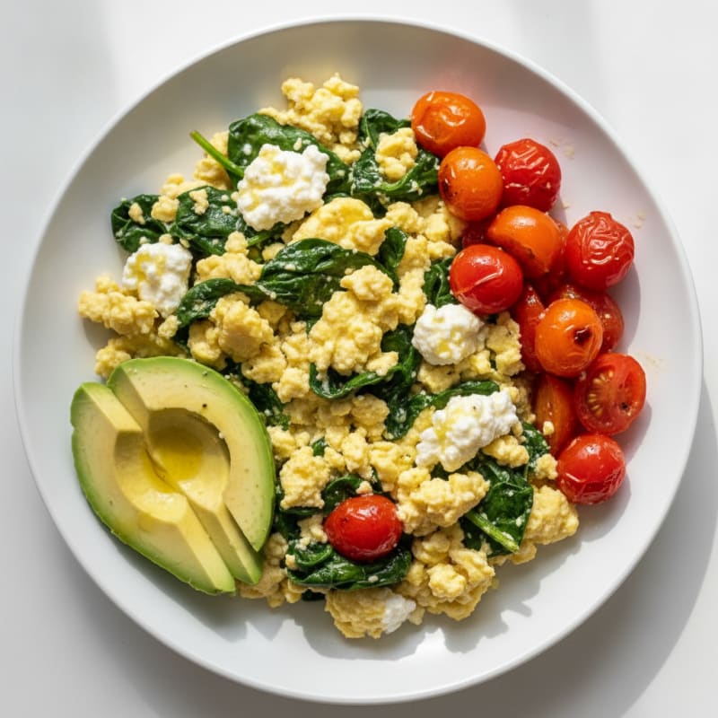 Cottage Cheese Egg Scramble with Spinach and Cherry Tomatoes