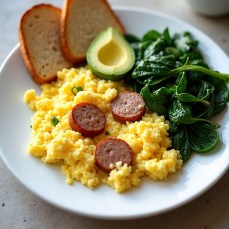 Egg White Scramble with Turkey Sausage and Sautéed Spinach