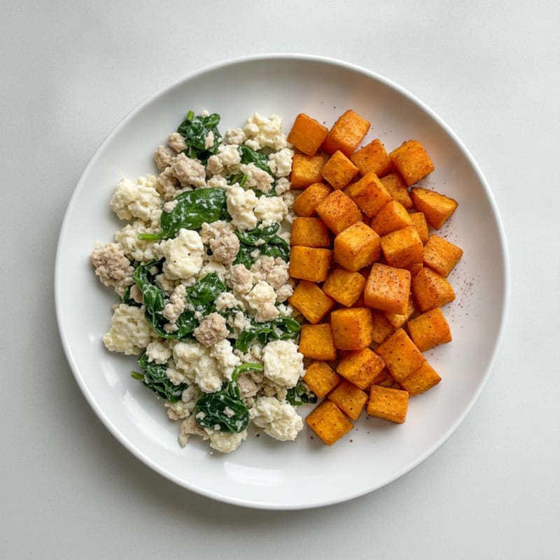 Egg White and Turkey Spinach Scramble with Roasted Sweet Potato