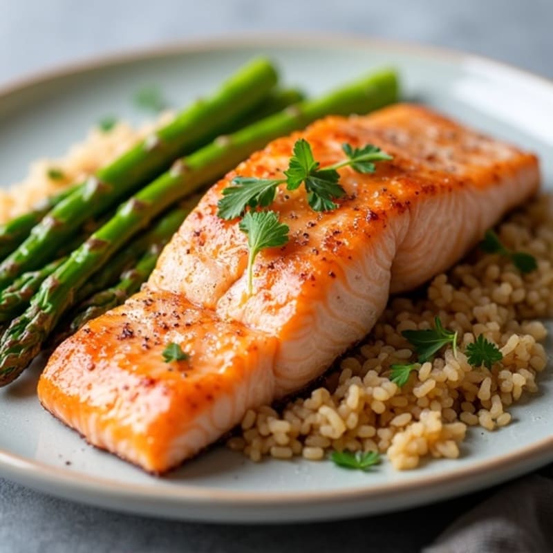 Seared Salmon with Steamed Asparagus and Brown Rice
