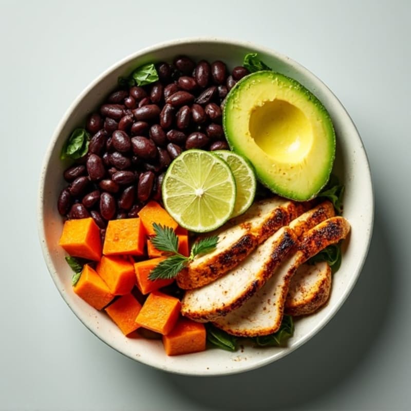 Roasted Sweet Potato with Black Beans, Avocado, and Zesty Lime Dressing