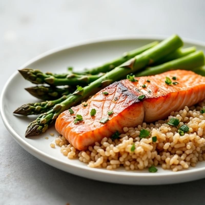 Seared Salmon with Steamed Asparagus and Brown Rice