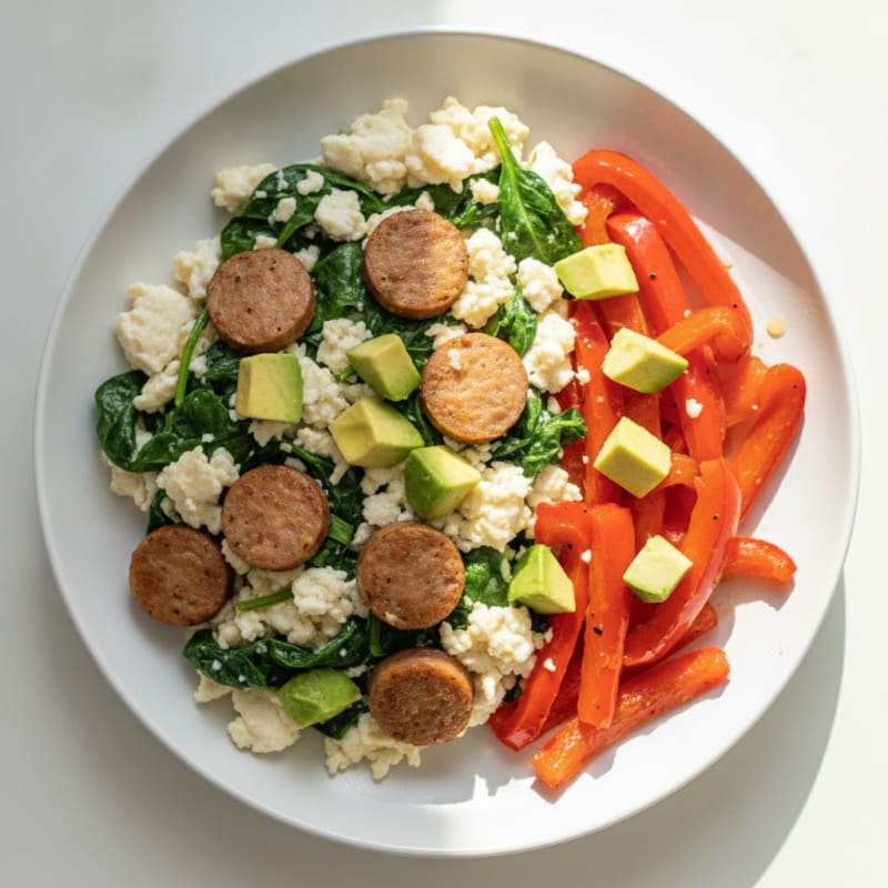Egg White Spinach Scramble with Turkey Sausage and Sautéed Peppers