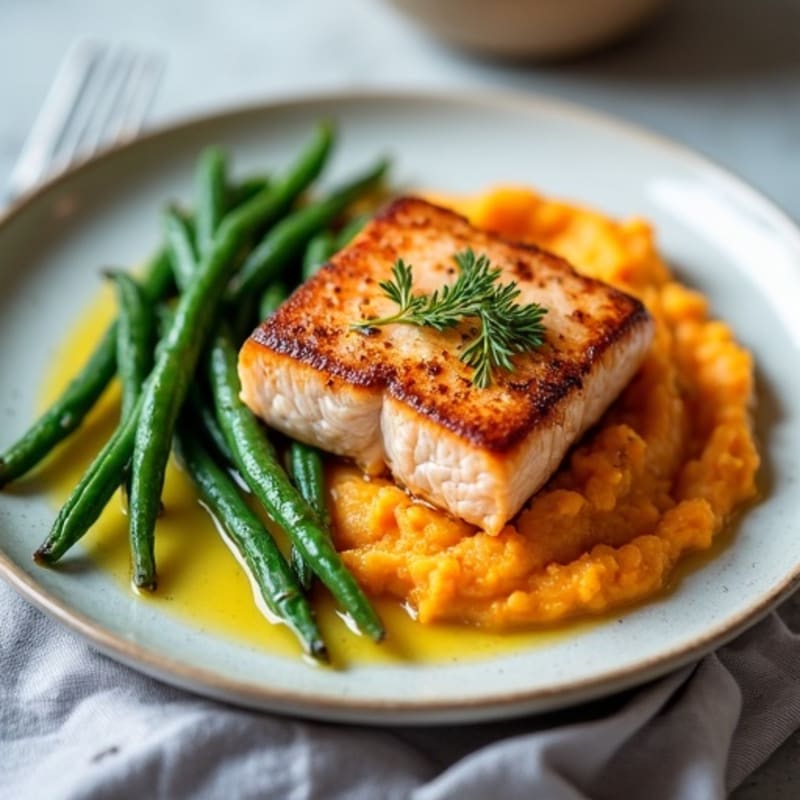 Seared Salmon Fillet with Garlic Green Beans and Sweet Potato Mash