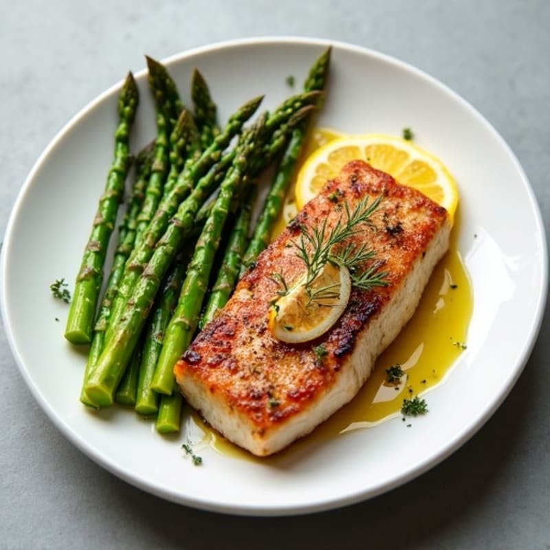 Crispy Pan-Seared Tuna Steak with Lemon-Herb Roasted Asparagus
