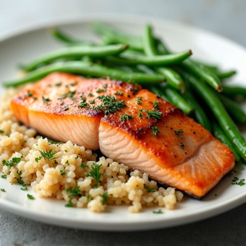 Seared Salmon with Steamed Green Beans and Herbed Brown Rice