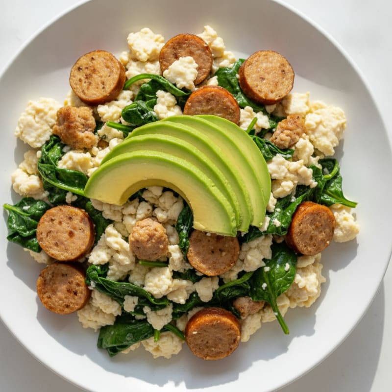 Egg White Scramble with Turkey Sausage and Sautéed Spinach