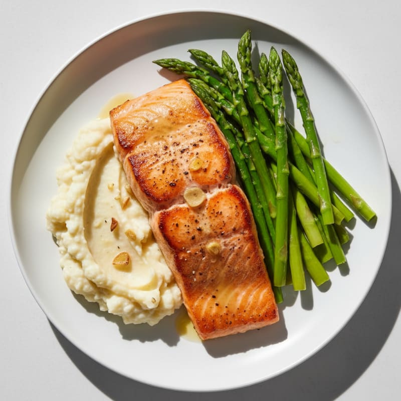 Seared Salmon Fillet with Steamed Asparagus and Garlic Mashed Cauliflower