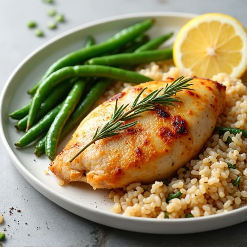 Lemon Herb Roasted Chicken with Crispy Green Beans and Fluffy Brown Rice