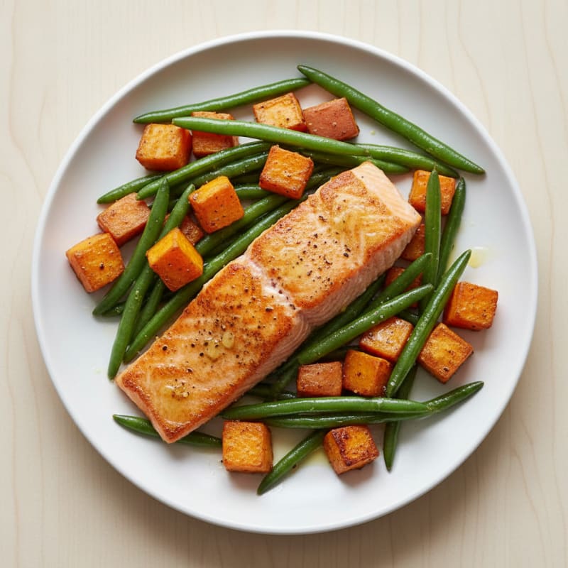 Seared Salmon with Roasted Sweet Potatoes and Green Beans