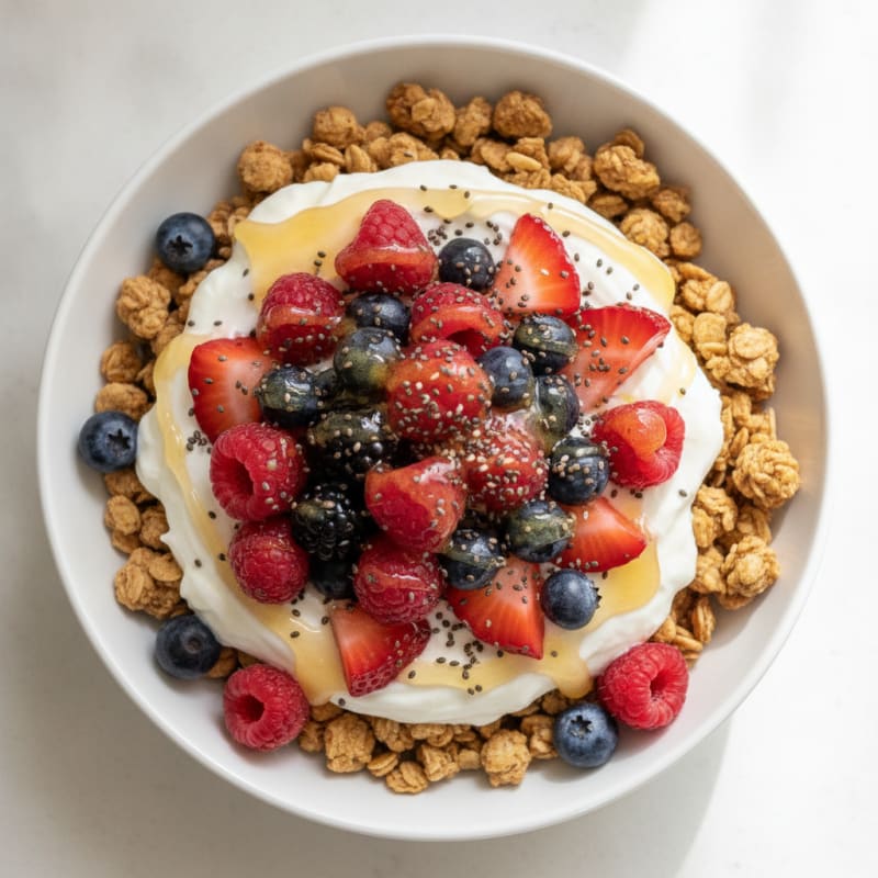 Creamy Greek Yogurt Parfait with Protein Granola and Mixed Berries
