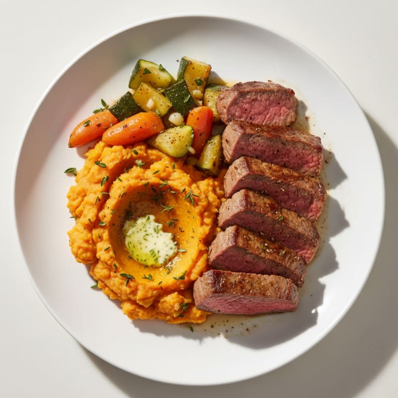 Seared Beef Strips with Herb Sweet Potato Mash