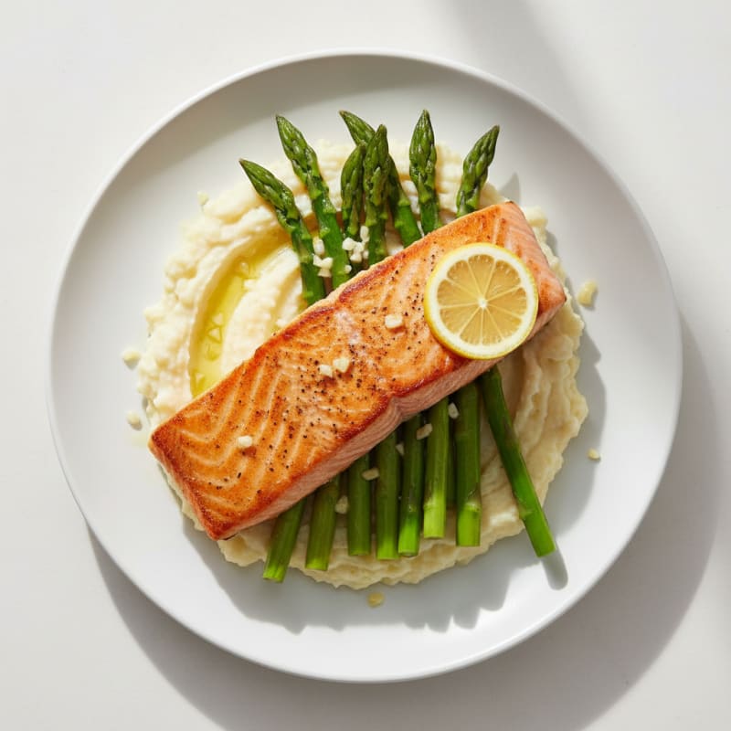 Seared Salmon with Steamed Asparagus and Cauliflower Mash