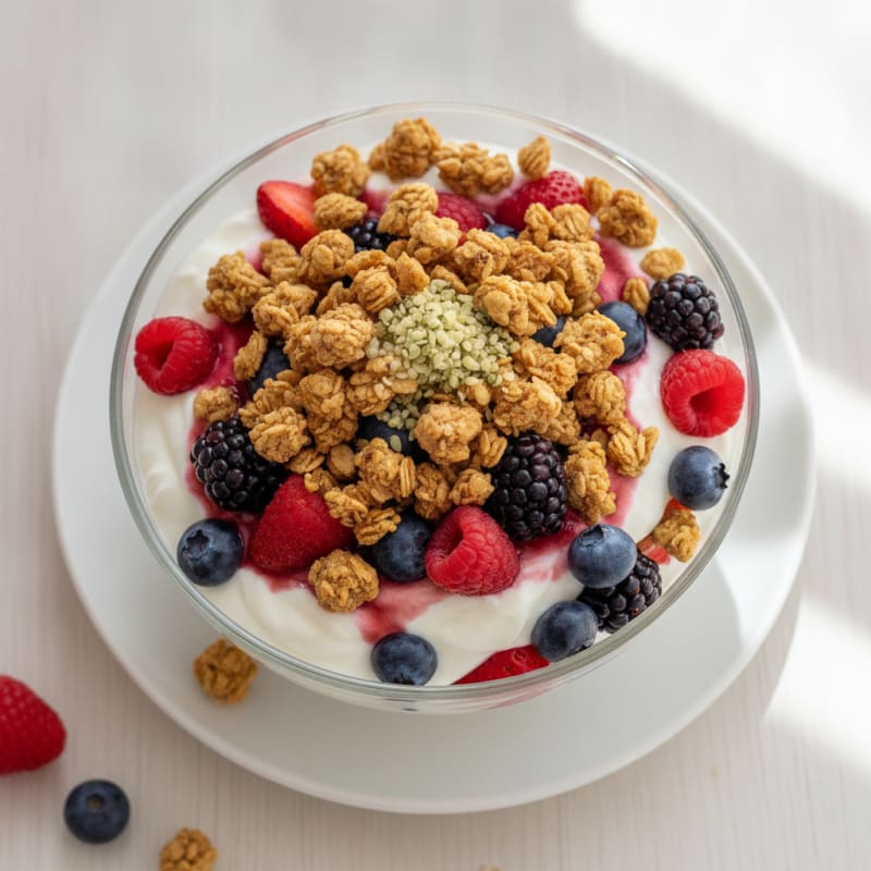 Greek Yogurt Parfait with Protein Granola and Mixed Berries