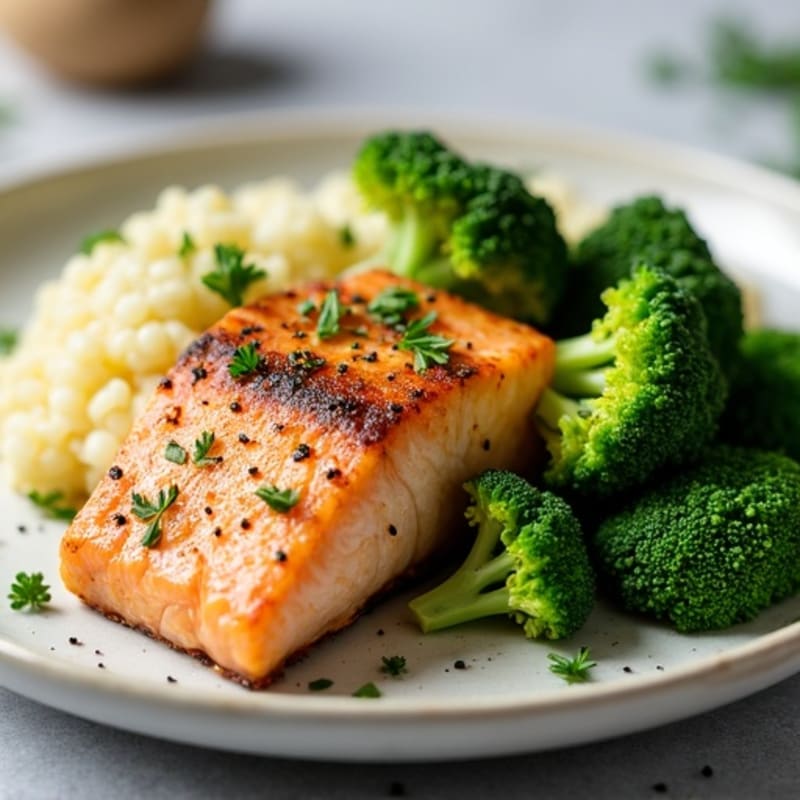 Seared Salmon with Steamed Broccoli and Herbed Cauliflower Rice