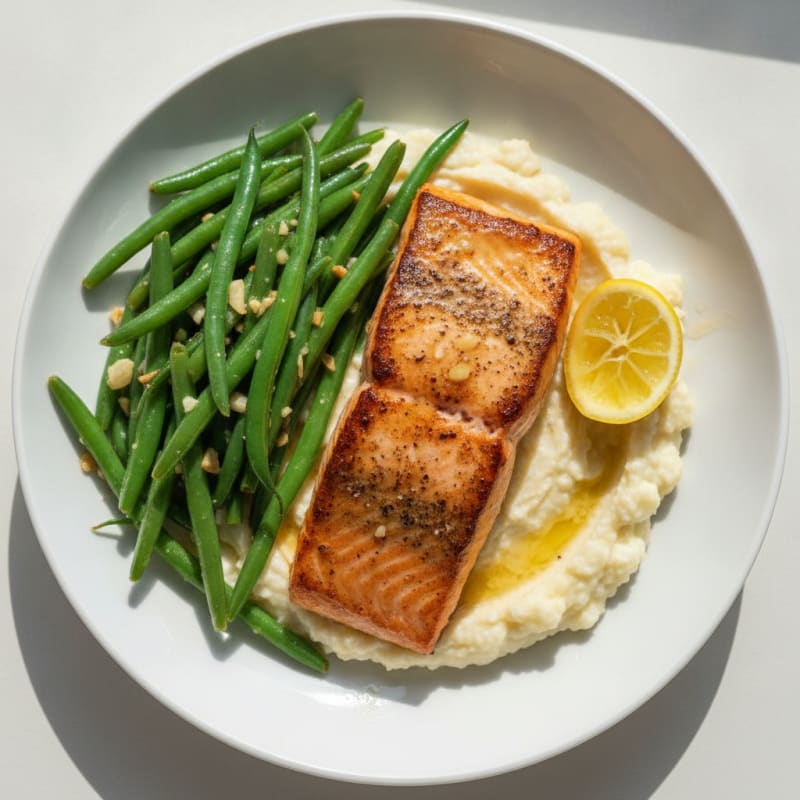 Seared Salmon with Garlic Green Beans and Cauliflower Mash