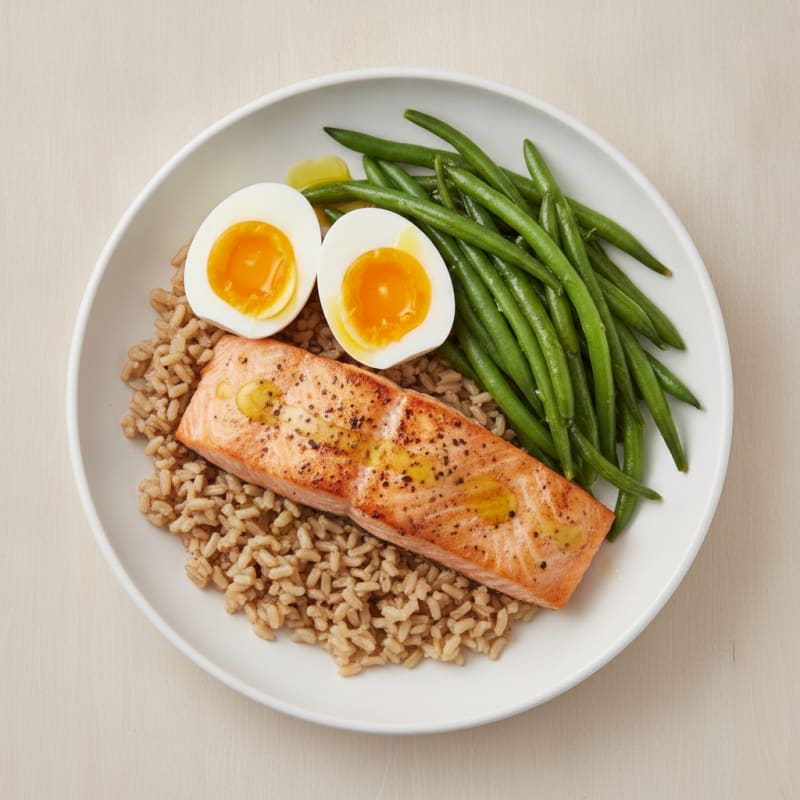 Seared Salmon with Steamed Green Beans and Brown Rice