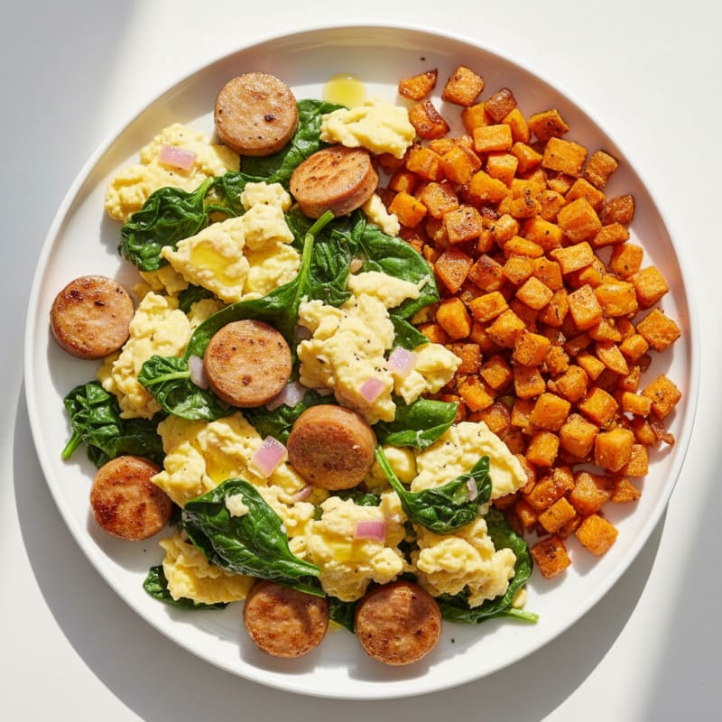 Crispy Chicken Sausage and Spinach Scramble with Sweet Potato Hash