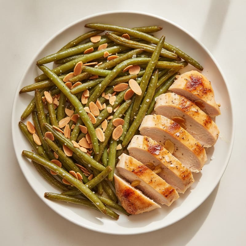 Roasted Green Beans with Toasted Almonds and Lemon Chicken