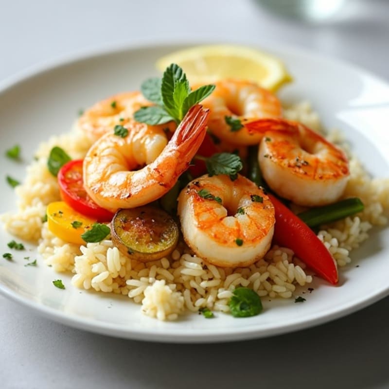 Pan-Seared Seafood with Saffron Rice and Fresh Vegetables