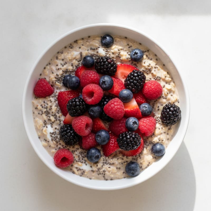 Overnight Oats with Greek Yogurt, Chia Seeds and Mixed Berries