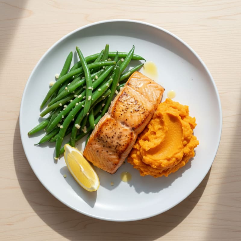 Seared Salmon with Garlic Green Beans and Sweet Potato Mash