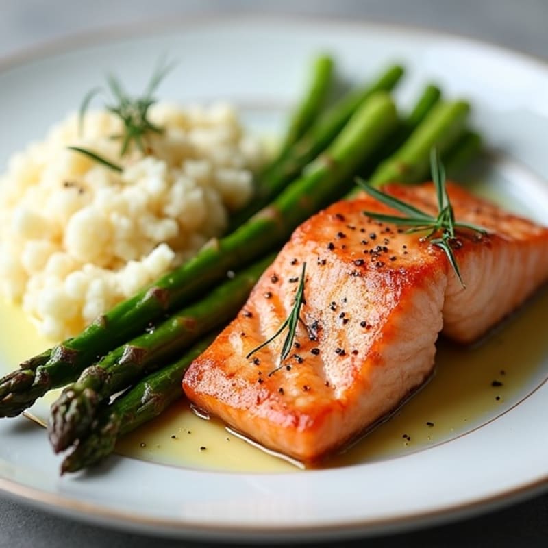 Seared Salmon with Roasted Asparagus and Cauliflower Mash