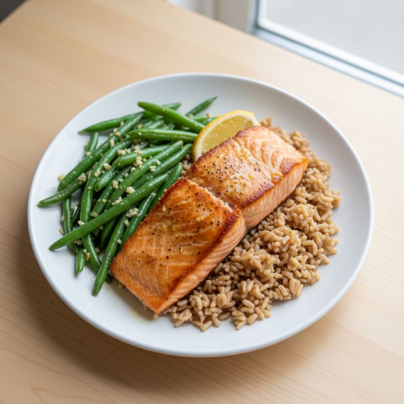 Seared Salmon with Garlic Green Beans and Brown Rice