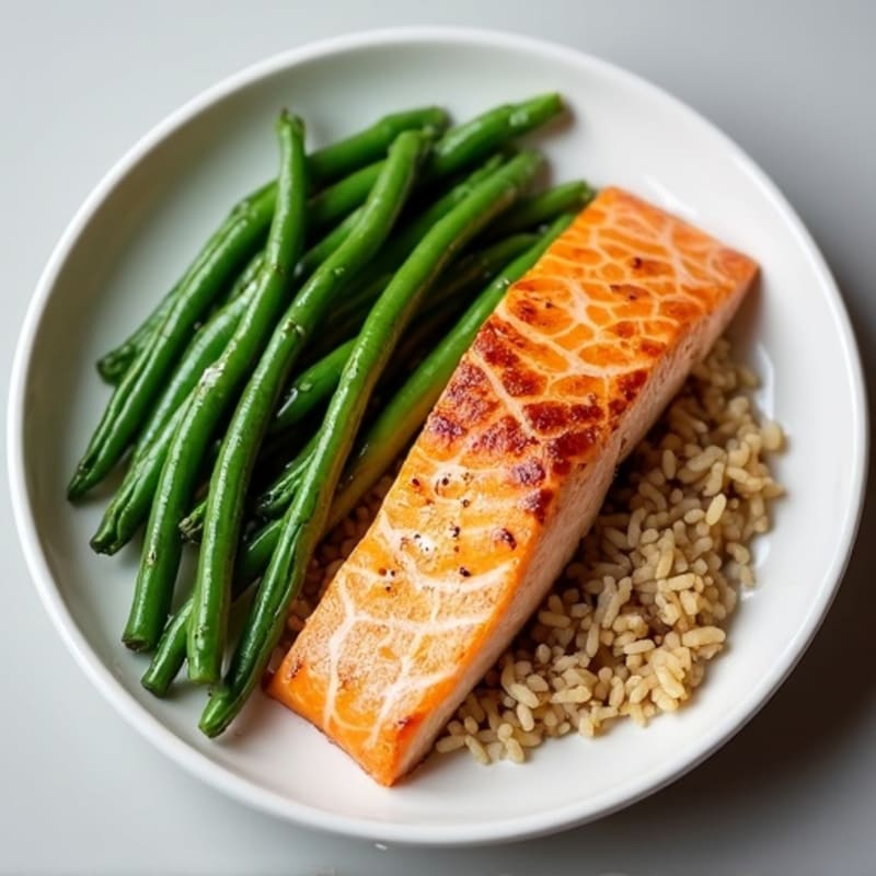 Seared Salmon Fillet with Garlic Green Beans and Brown Rice