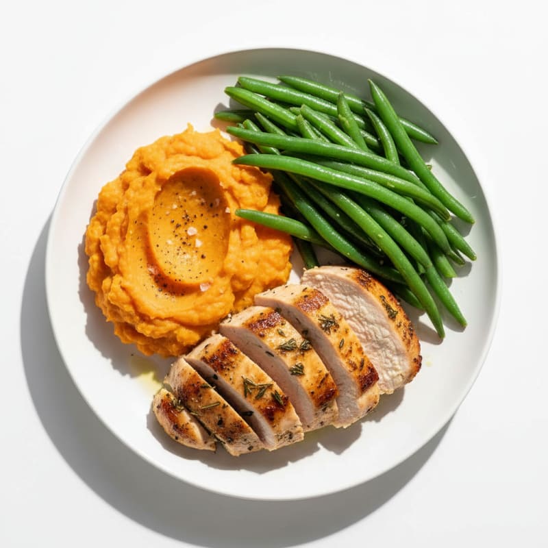 Seared Turkey Breast with Steamed Green Beans and Sweet Potato Mash