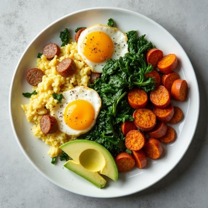Egg White and Turkey Sausage Scramble with Spinach and Roasted Sweet Potatoes