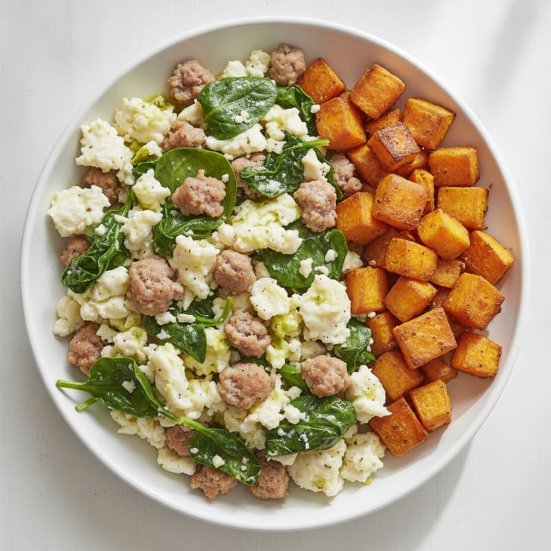 Egg White and Turkey Sausage Scramble with Spinach and Roasted Sweet Potato