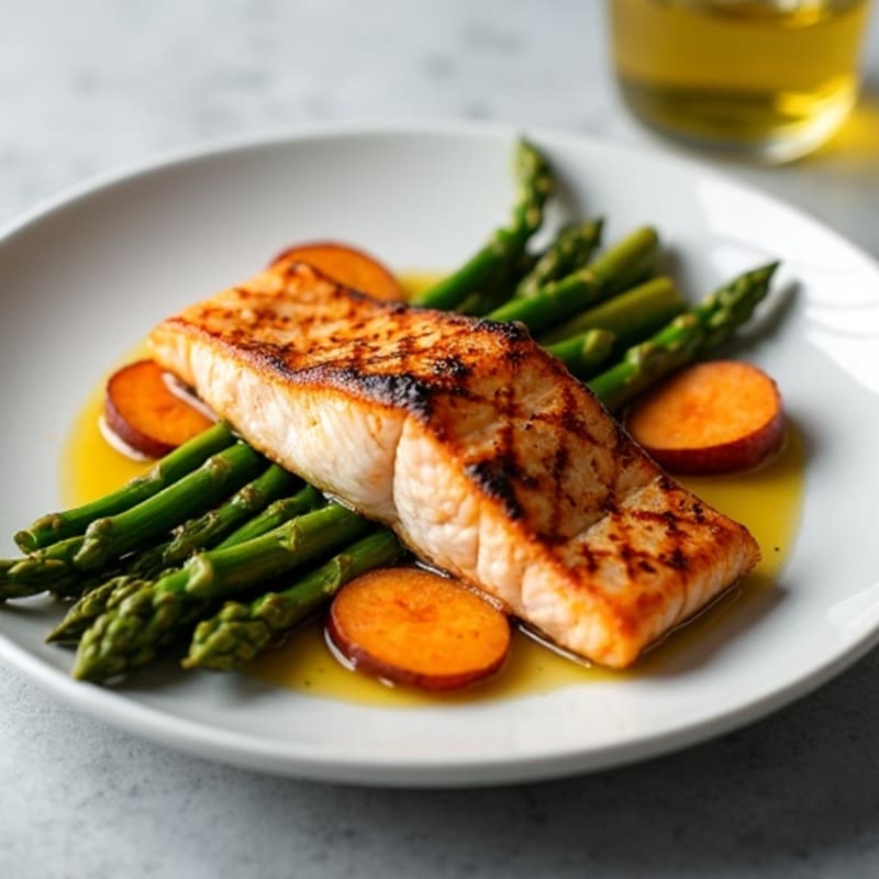 Pan Seared Salmon with Roasted Sweet Potatoes and Asparagus