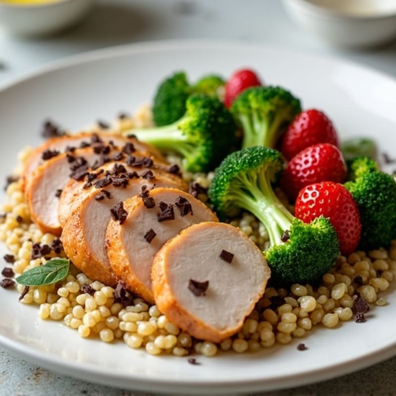 Seared Turkey Breast with Steamed Broccoli, Herb Quinoa & Strawberry-Chocolate Garnish