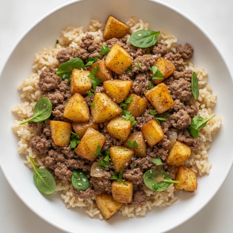 Savory Ground Beef and Crispy Potato Rice Bowl
