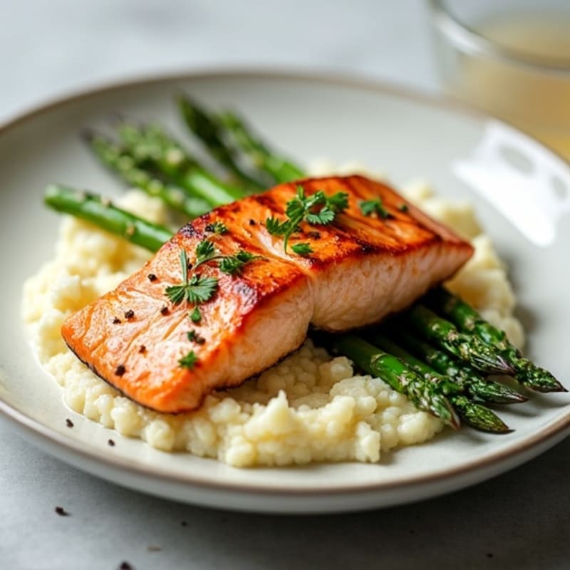 Seared Salmon Fillet with Roasted Asparagus and Cauliflower Mash