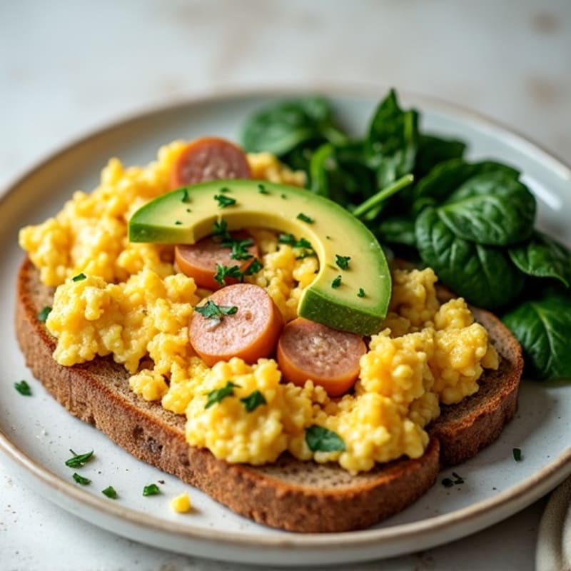 Egg White Scramble with Turkey Sausage, Sautéed Spinach & Toast with Avocado