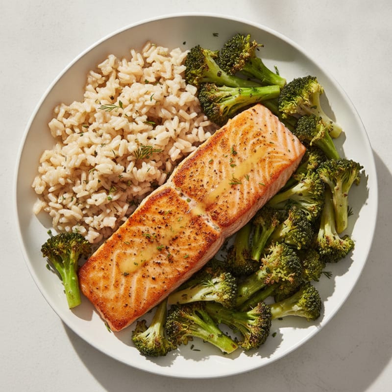 Seared Salmon with Brown Rice and Roasted Vegetables