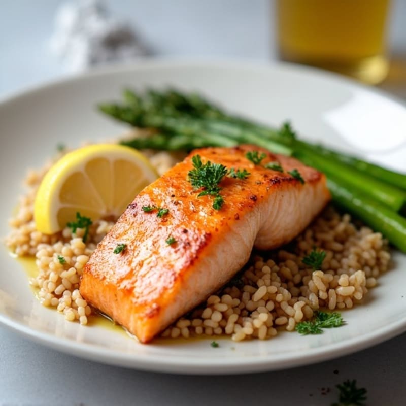Seared Salmon with Steamed Asparagus and Brown Rice