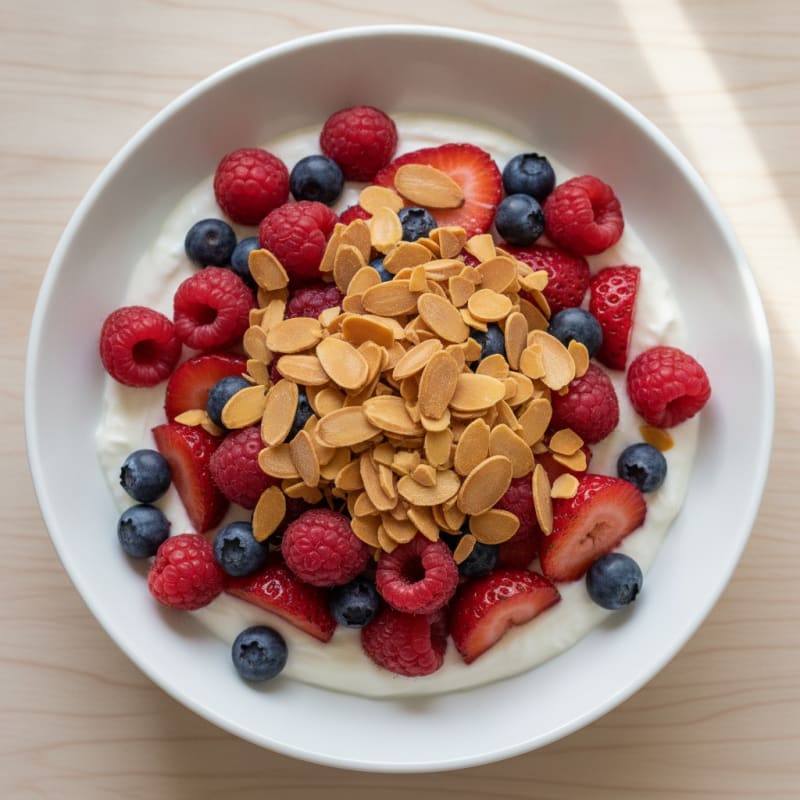 Greek Yogurt Protein Parfait with Mixed Berries and Almonds