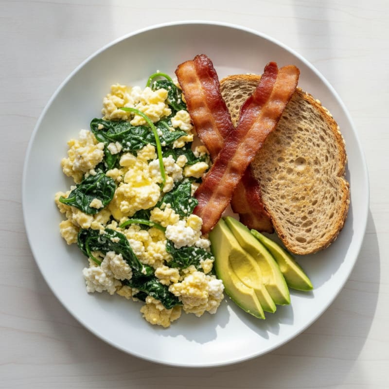 Cottage Cheese Scramble with Spinach and Turkey Bacon