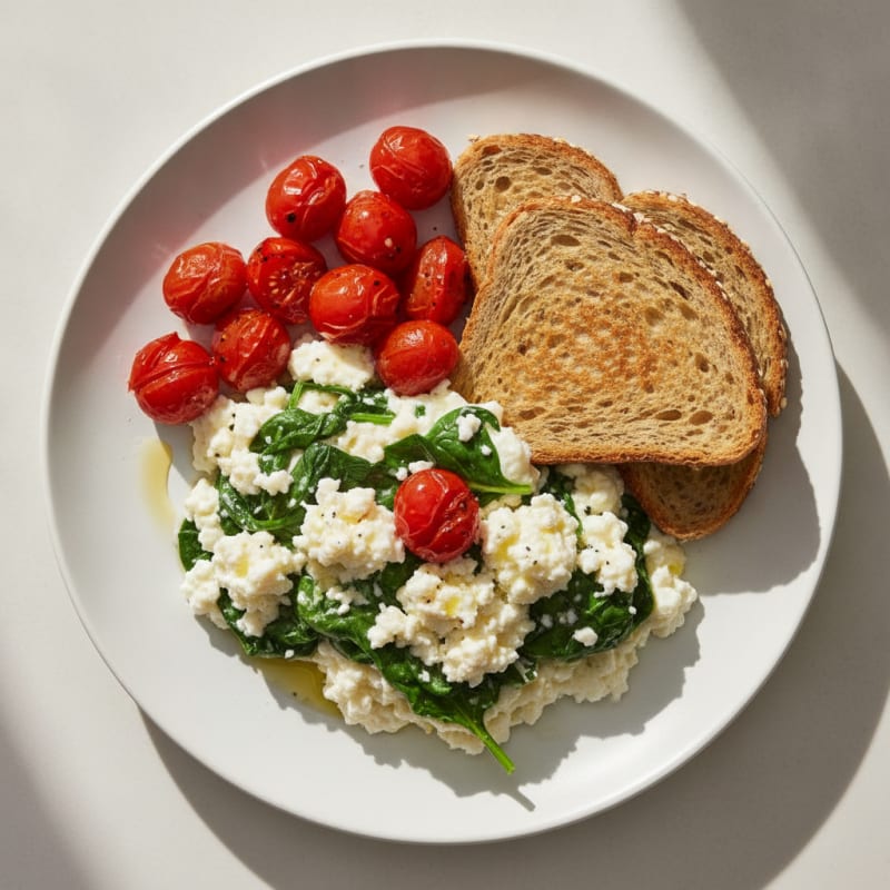 Egg White Spinach Scramble with Cottage Cheese and Cherry Tomatoes