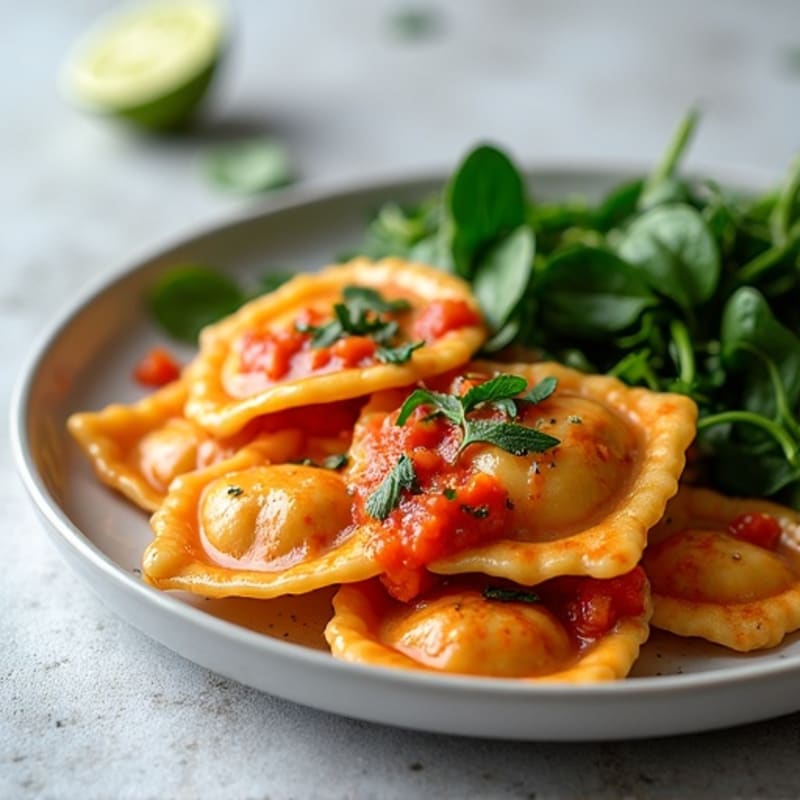 Fresh Spinach Ravioli with Zesty Tomato Sauce and Sautéed Greens