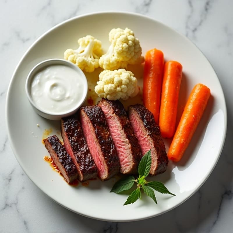 Seared Beef Fillet with Steamed Cauliflower and Carrot Sticks with Greek Yoghurt Dip