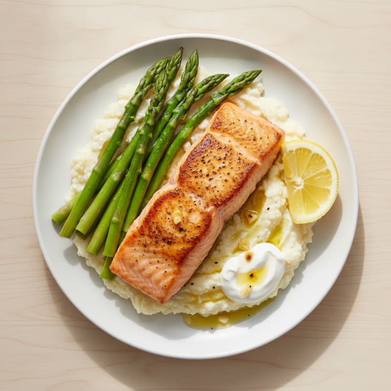 Seared Salmon with Steamed Asparagus and Cauliflower Mash