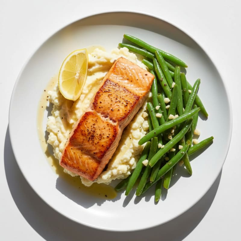 Seared Salmon Fillet with Garlic Green Beans and Creamy Mashed Cauliflower