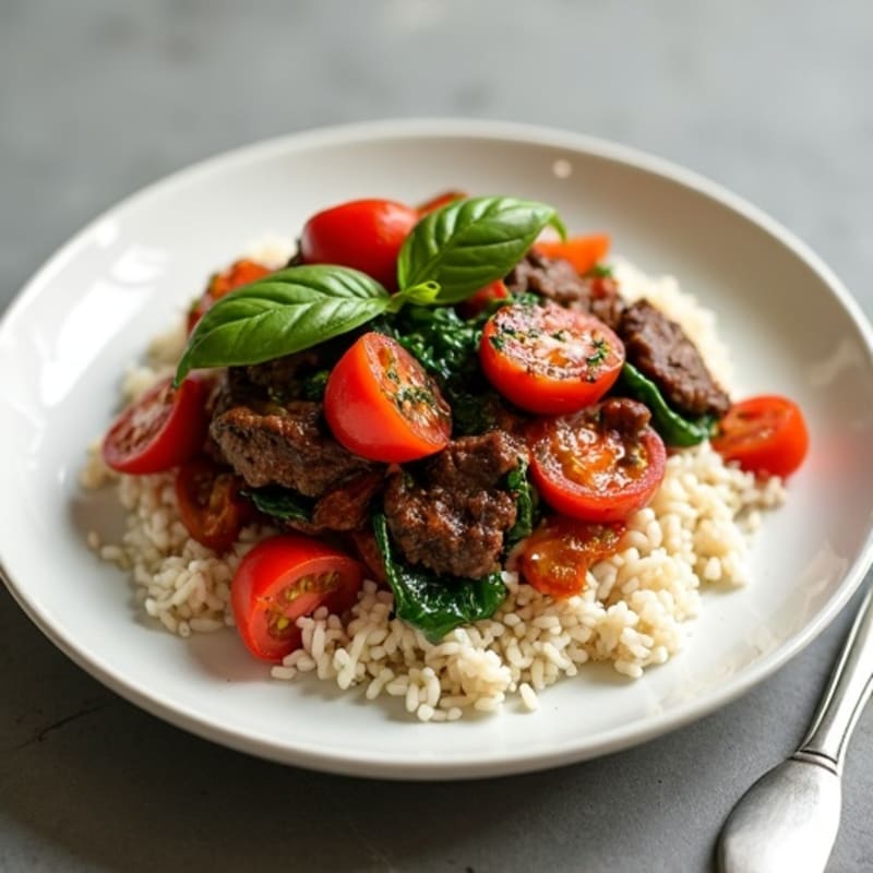 Slow-Braised Beef with Tomato Spinach Sauce over Steamed Rice