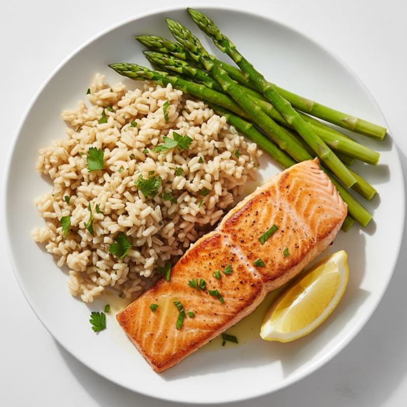 Seared Salmon Fillet with Herbed Brown Rice and Steamed Asparagus