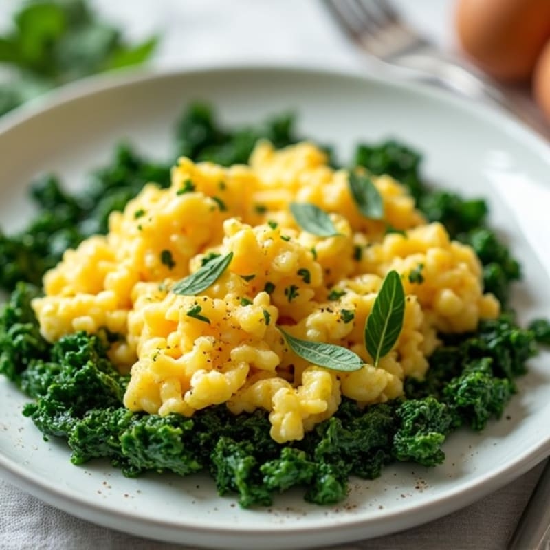 Fluffy Scrambled Eggs with Fresh Herbs and Sautéed Spinach